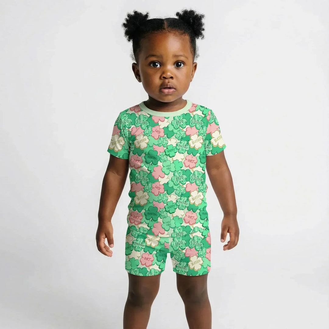 Lucky Vibes Shamrock Bamboo Two Piece Short Sleeve Shorts Pajama Set