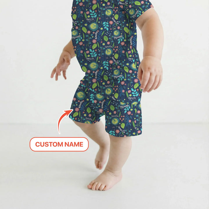 Nighttime Bugs Custom Name Bamboo Two Piece Short Sleeve Shorts Pajama Set