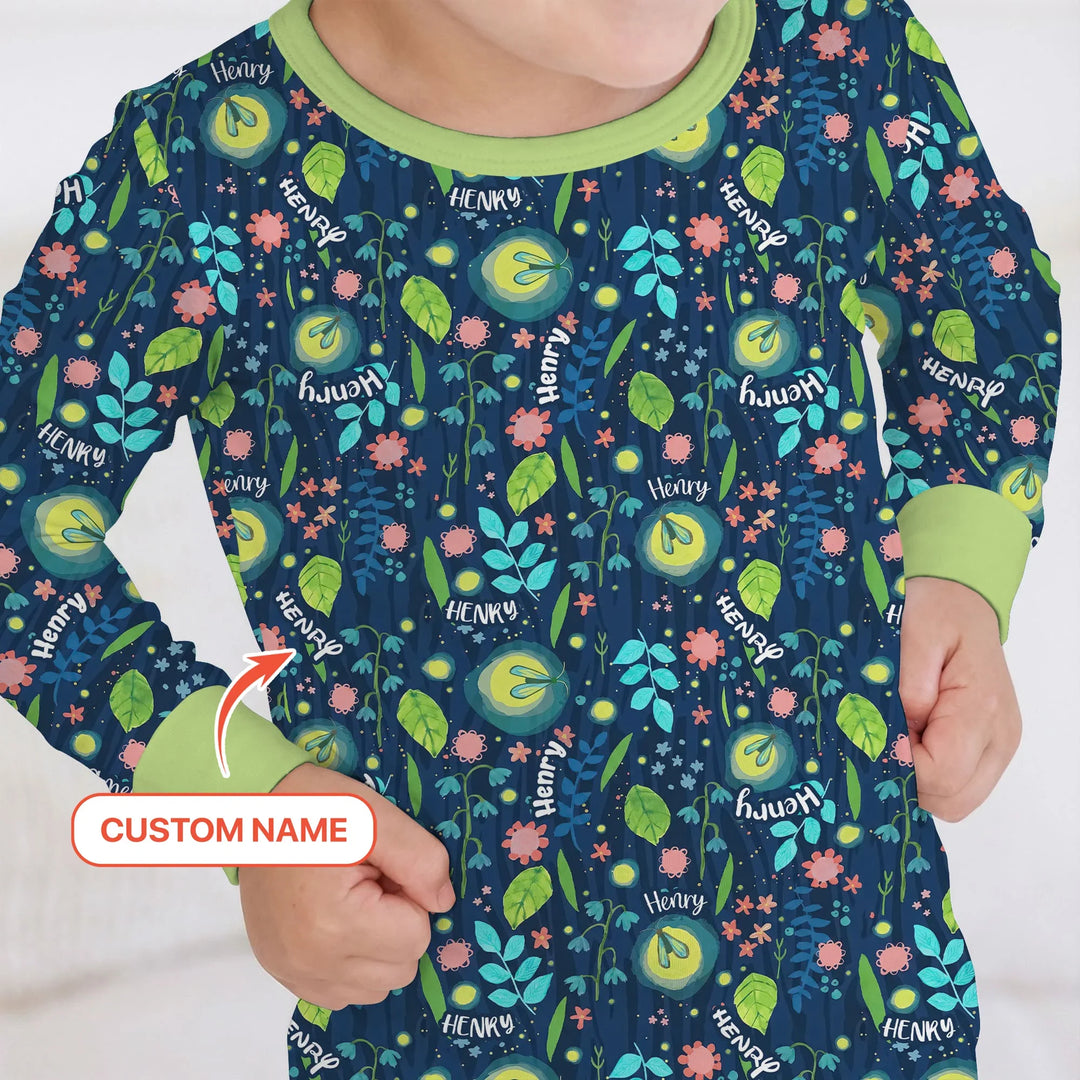 Nighttime Bugs Custom Name Bamboo Two Piece Long Sleeve Pajama Set