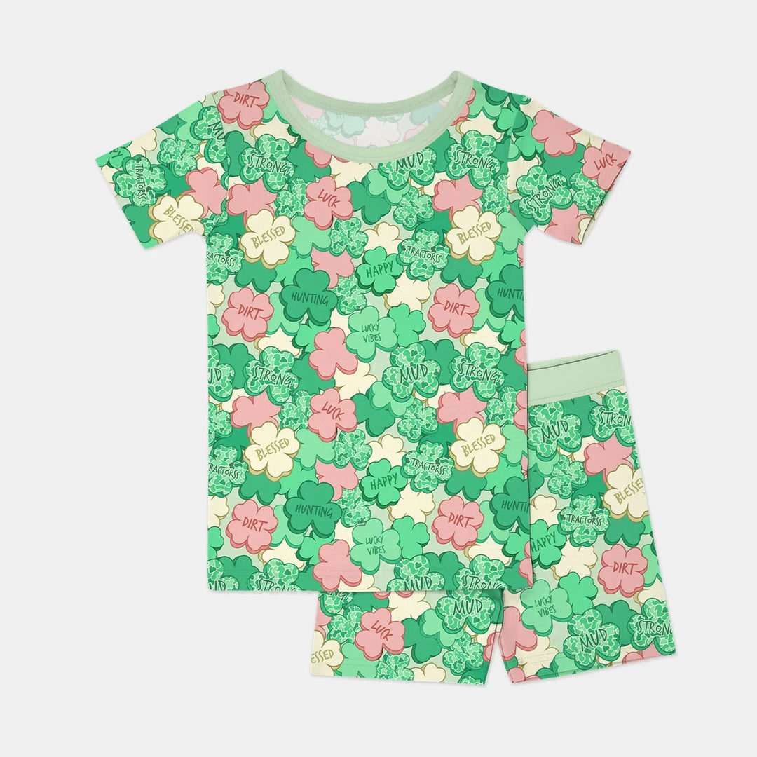 Lucky Vibes Shamrock Bamboo Two Piece Short Sleeve Shorts Pajama Set