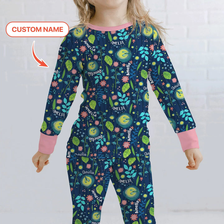 Nighttime Bugs Custom Name Bamboo Two Piece Long Sleeve Pajama Set