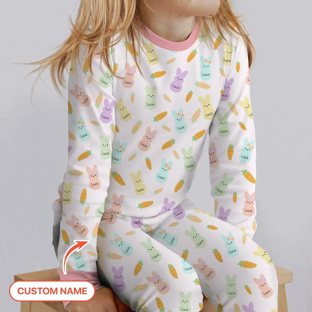Custom Name Easter Bunny Bamboo Two Piece Long Sleeve Pajama Set