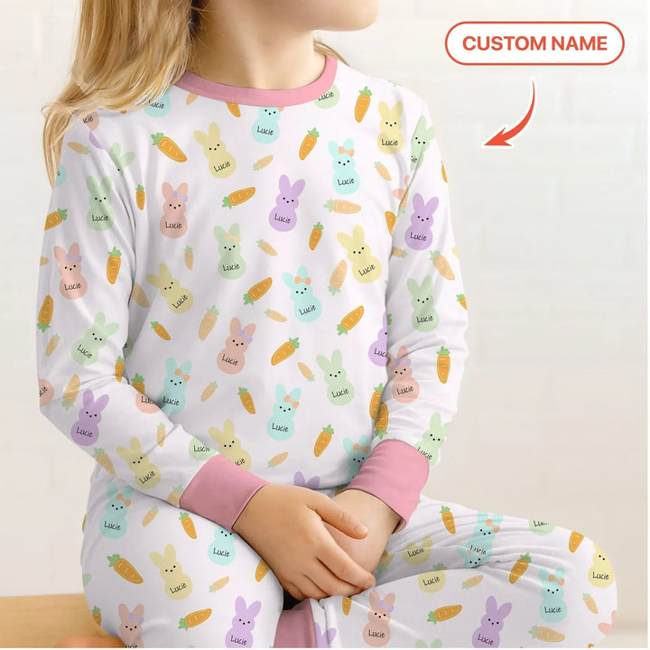 Custom Name Easter Bunny Bamboo Two Piece Long Sleeve Pajama Set