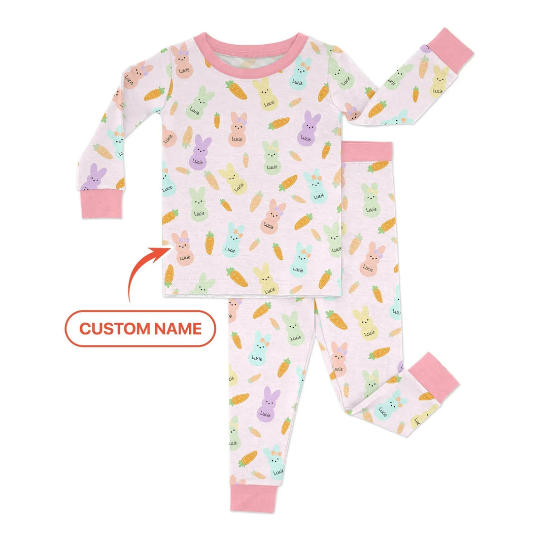 Custom Name Easter Bunny Bamboo Two Piece Long Sleeve Pajama Set
