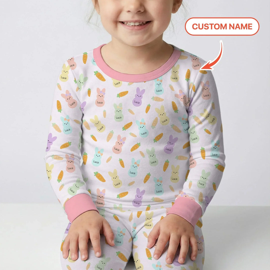 Custom Name Easter Bunny Bamboo Two Piece Long Sleeve Pajama Set