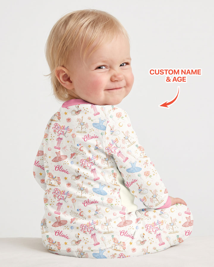 Ballerina Birthday Girl Custom Name & Age Bamboo Two Piece Long Sleeve Pajama Set