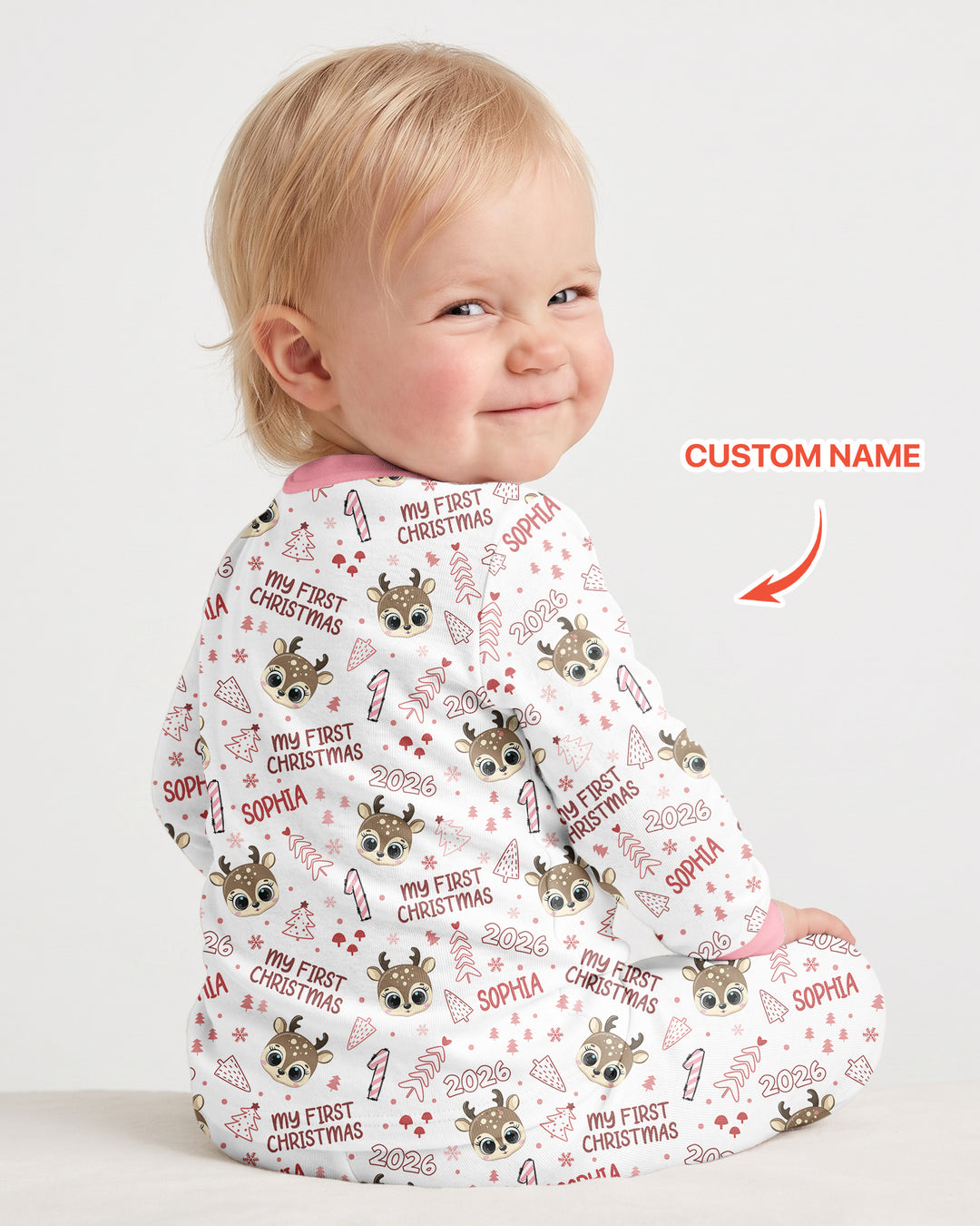 Custom Name Cute Reindeer My First Christmas Bamboo Two Piece Long Sleeve Pajama Set