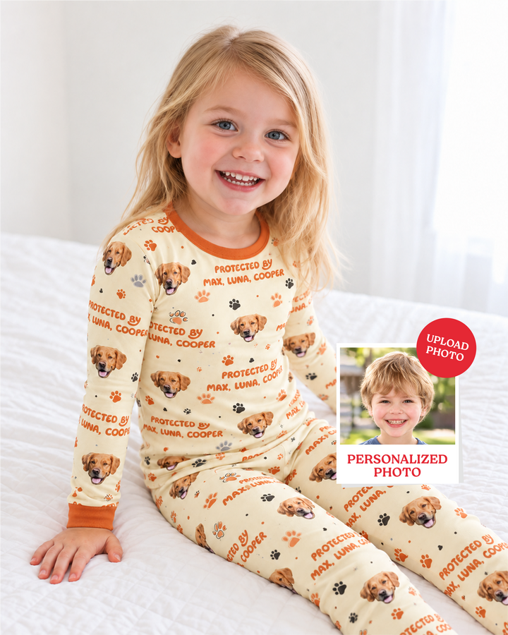 Custom Dog Photos "Protected By" Pawfect Blue Bamboo Two Piece Long Sleeve Pajama Set