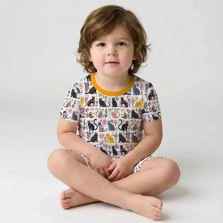 Botanical Cats Bamboo Two Piece Short Sleeve Shorts Pajama Set