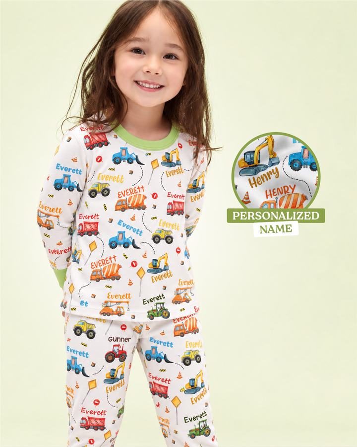 Construction Vehicles Custom Name Bamboo Two Piece Long Sleeve Pajama Set