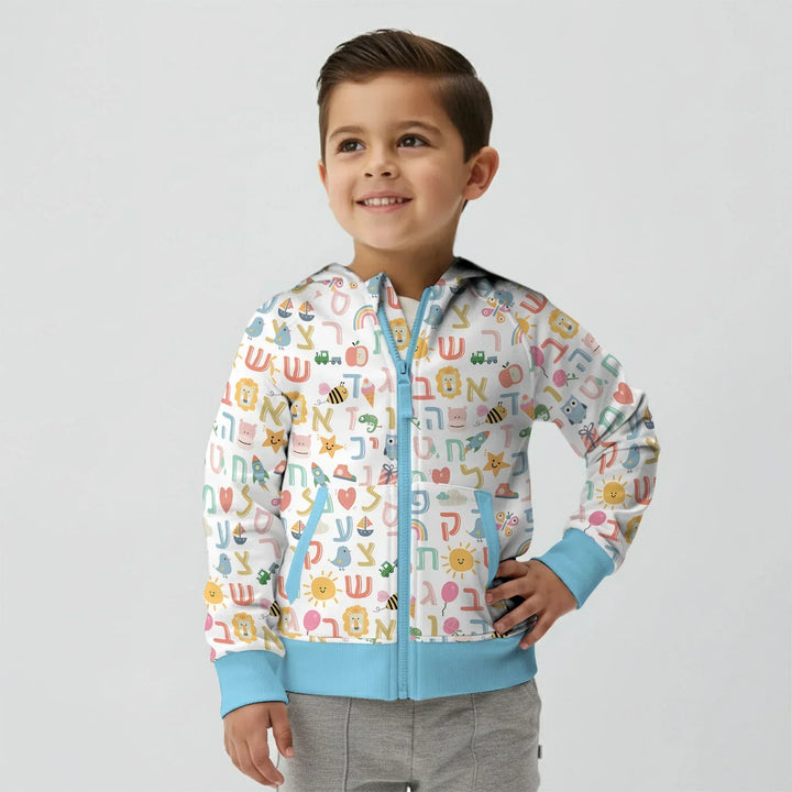 Kapuzenpullover aus Bambus mit hebräischem Alphabet und Reißverschluss