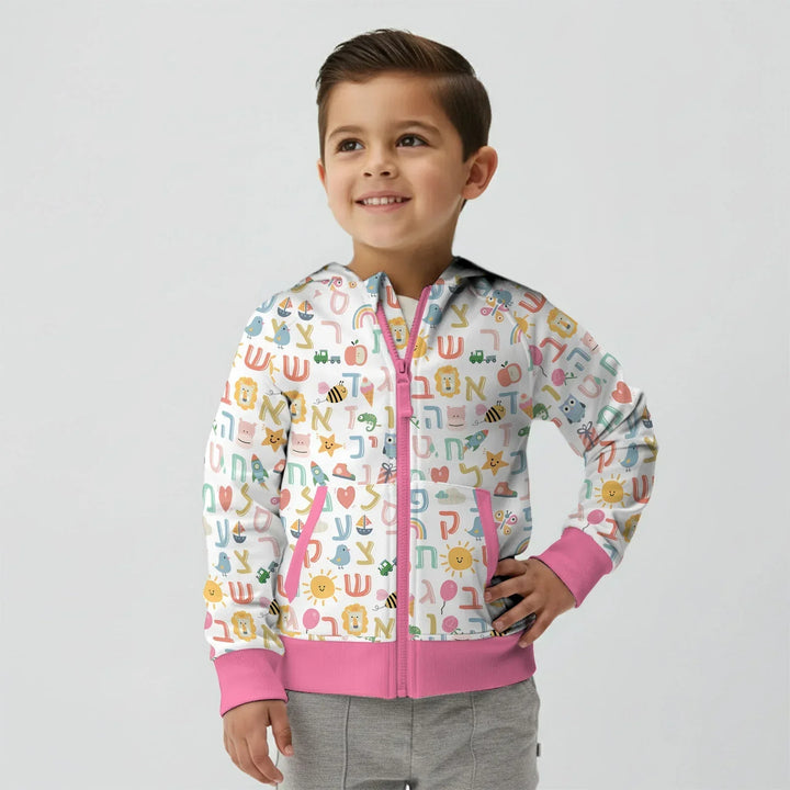Kapuzenpullover aus Bambus mit hebräischem Alphabet und Reißverschluss
