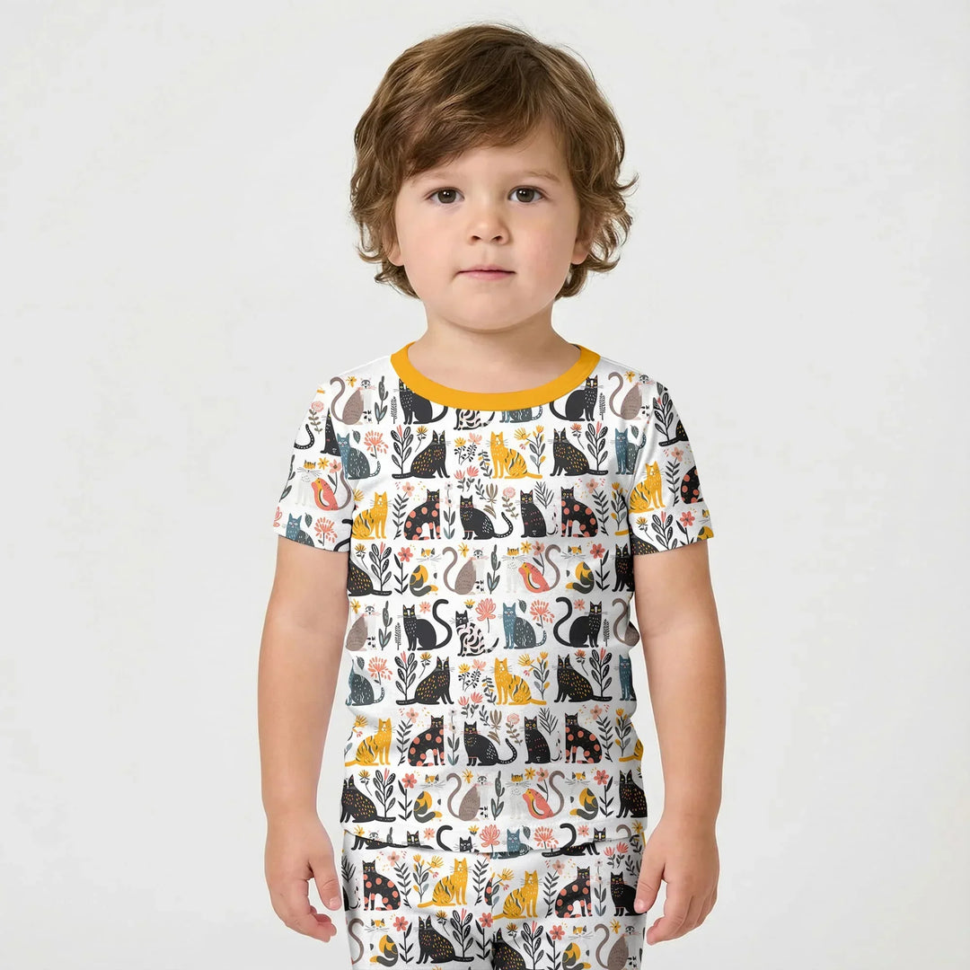 Botanical Cats Bamboo Two Piece Short Sleeve Shorts Pajama Set