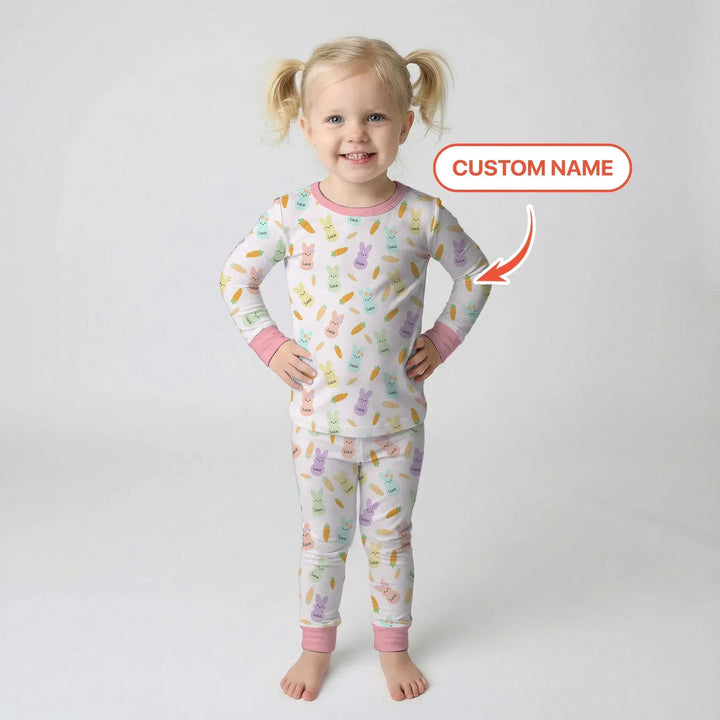 Custom Name Easter Bunny Bamboo Two Piece Long Sleeve Pajama Set