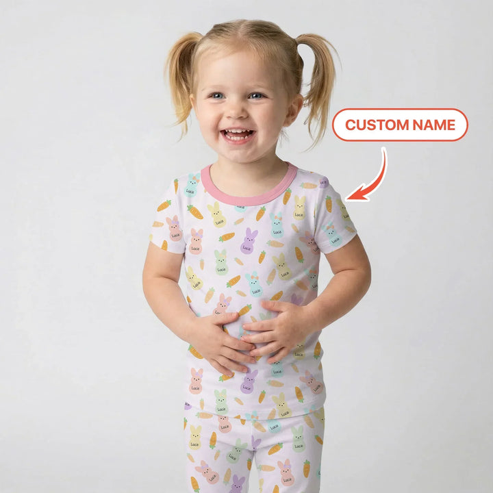 Custom Name Easter Bunny Bamboo Two Piece Short Sleeve Pajama Set