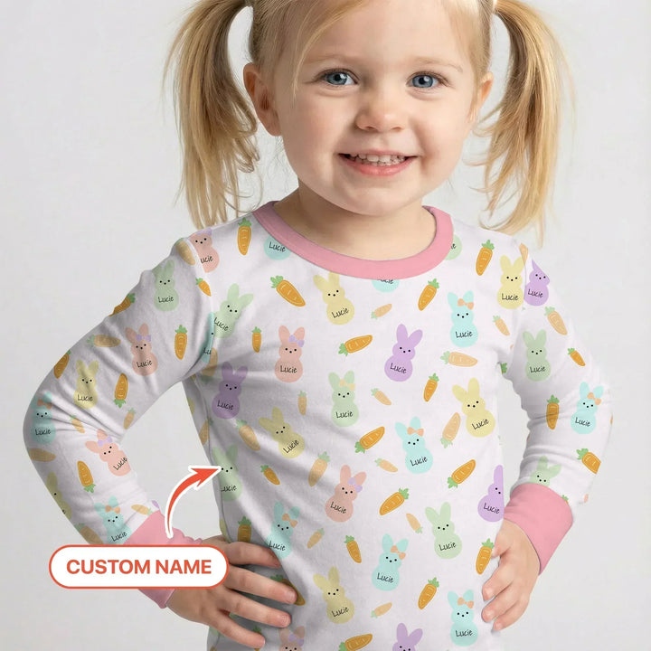 Custom Name Easter Bunny Bamboo Two Piece Long Sleeve Pajama Set