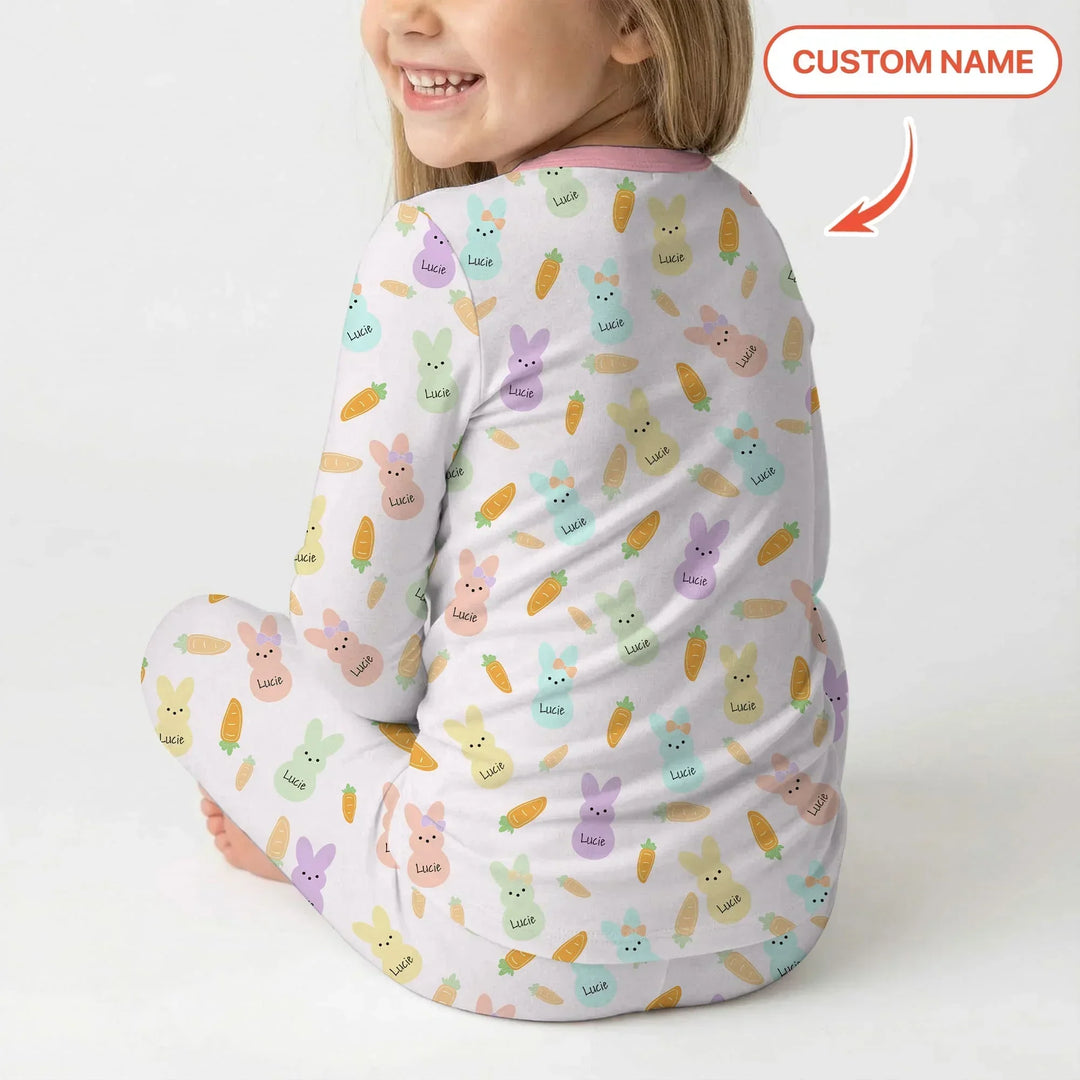 Custom Name Easter Bunny Bamboo Two Piece Long Sleeve Pajama Set