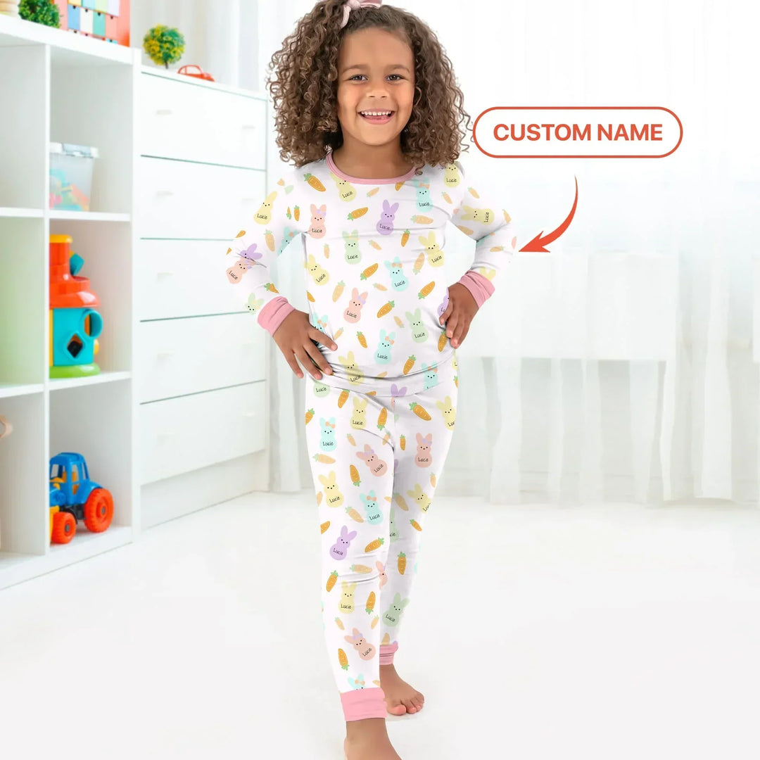Custom Name Easter Bunny Bamboo Two Piece Long Sleeve Pajama Set