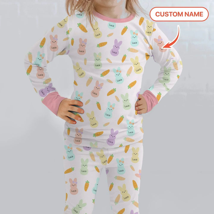 Custom Name Easter Bunny Bamboo Two Piece Long Sleeve Pajama Set