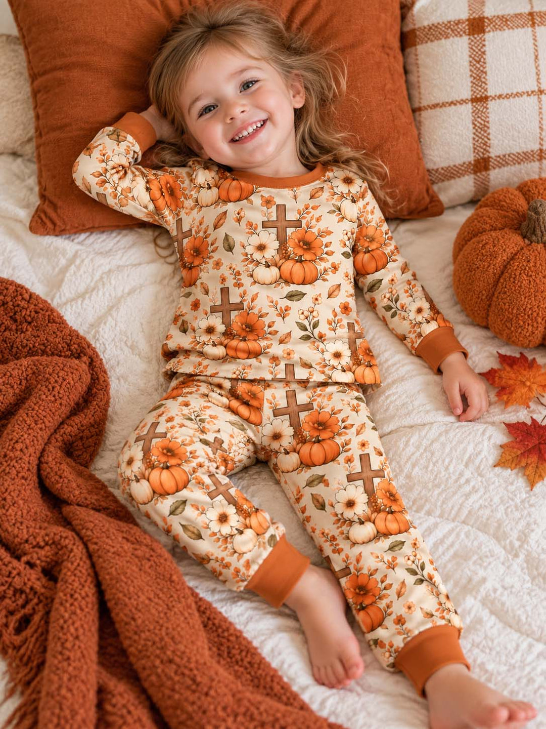 Autumn Cross Pumpkin Florals Bamboo Two Piece Long Sleeve Pajama Set
