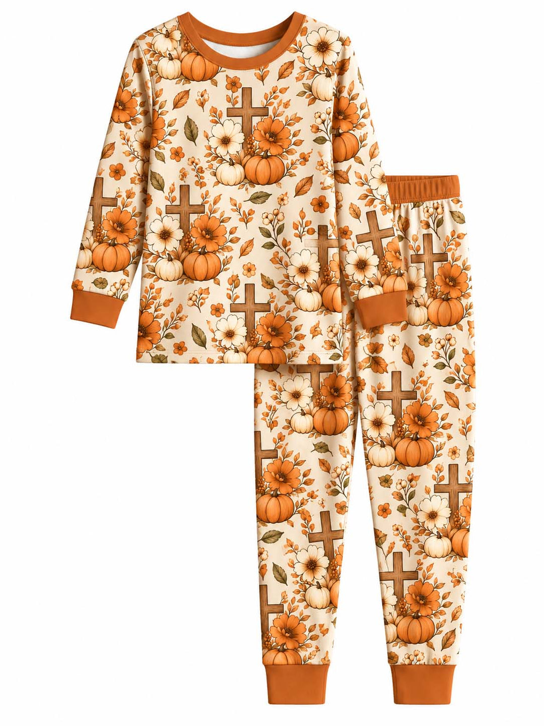 Autumn Cross Pumpkin Florals Bamboo Two Piece Long Sleeve Pajama Set
