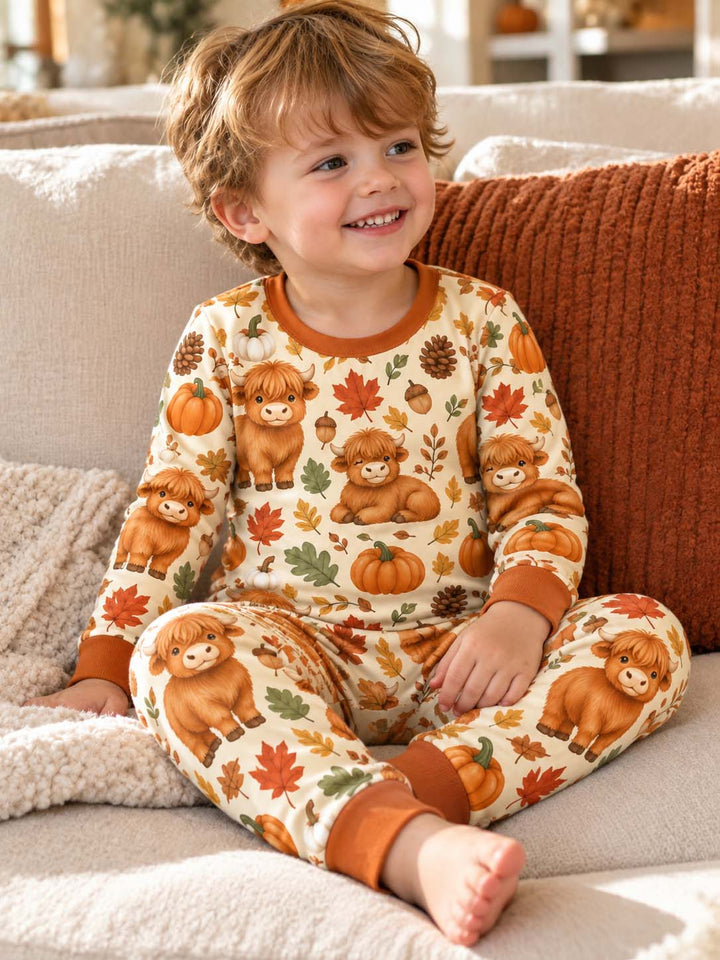 Autumn Highland Cows Bamboo Two Piece Long Sleeve Pajama Set