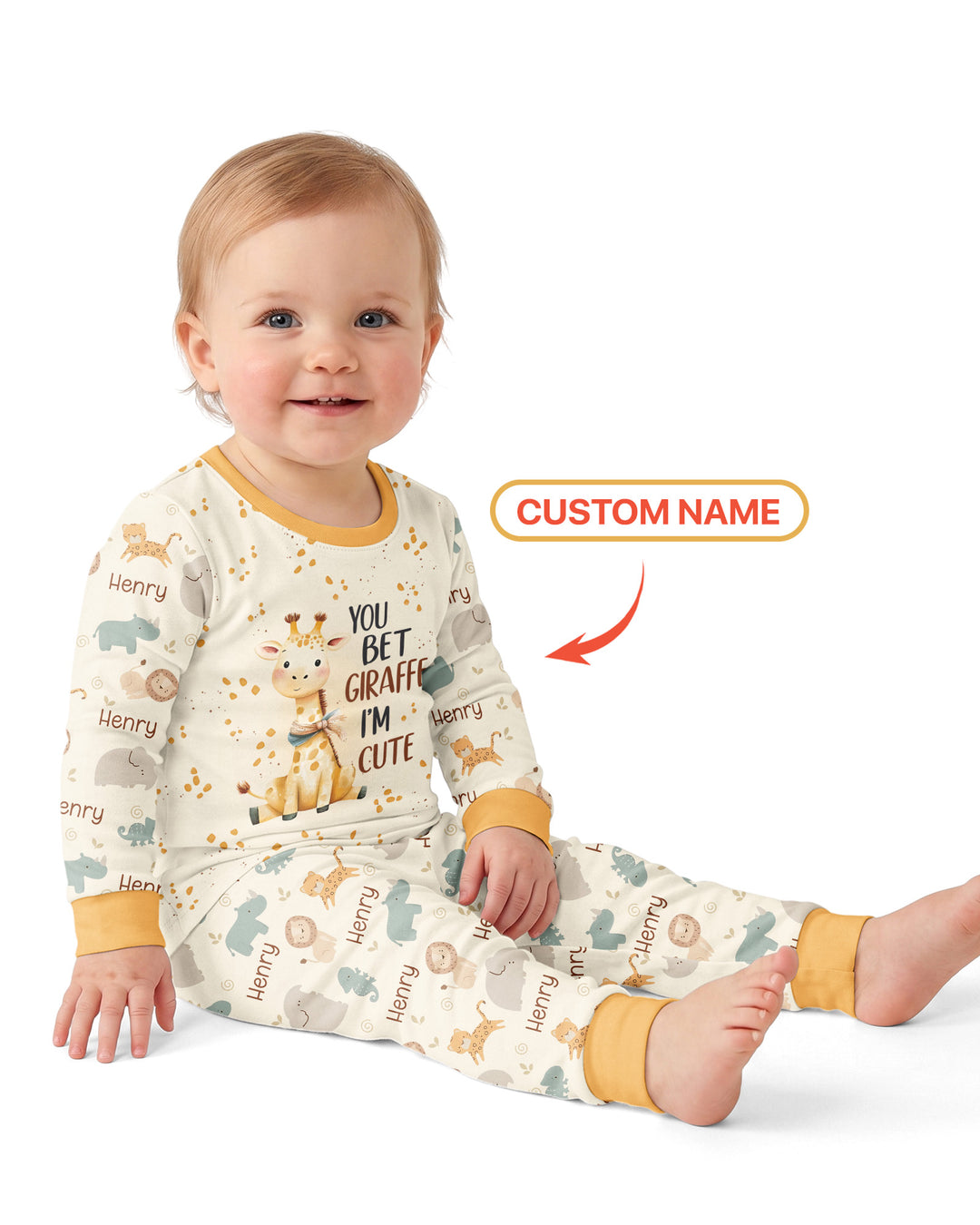You Bet Giraffe I'm Cute Custom Name Bamboo Two Piece Long Sleeve Pajama Set