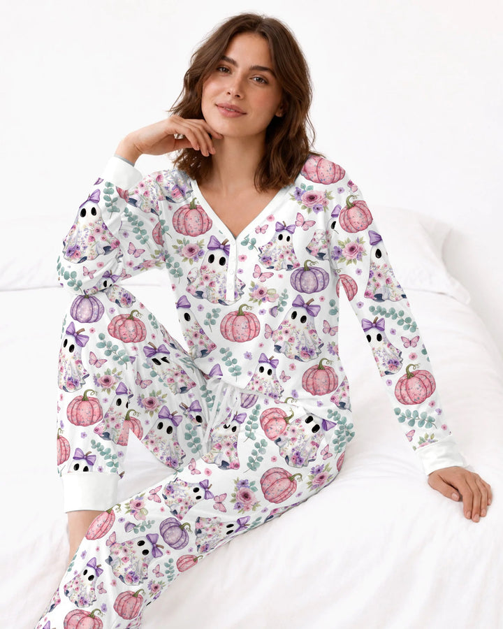 Floral Ghost & Pumpkin Garden Bamboo Women Pajama Set