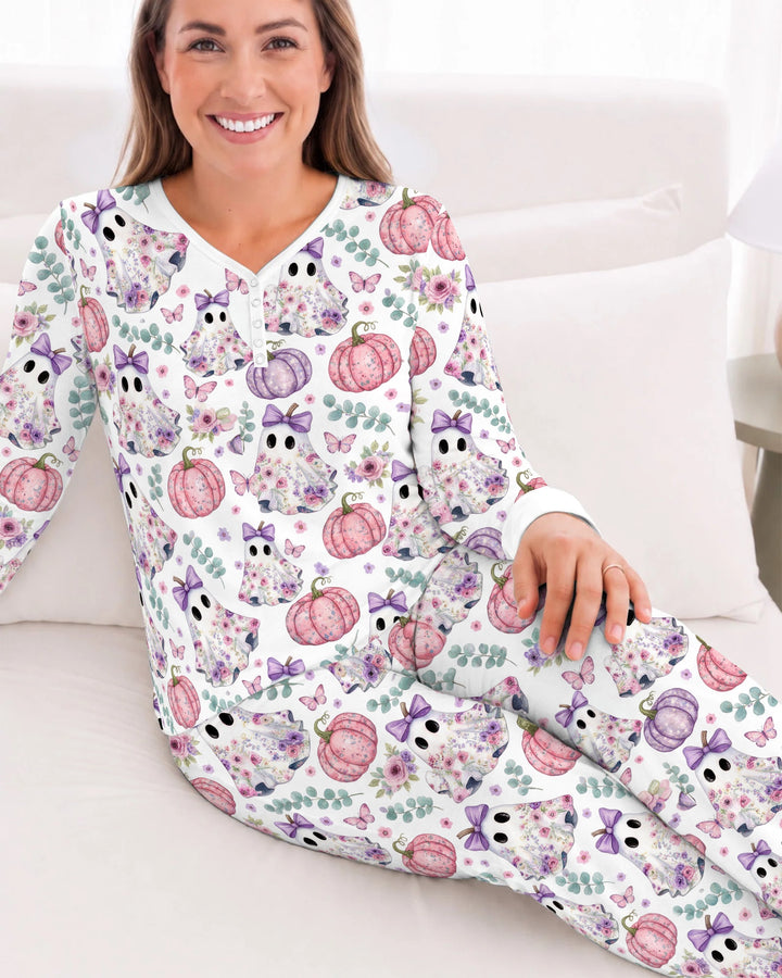 Floral Ghost & Pumpkin Garden Bamboo Women Pajama Set