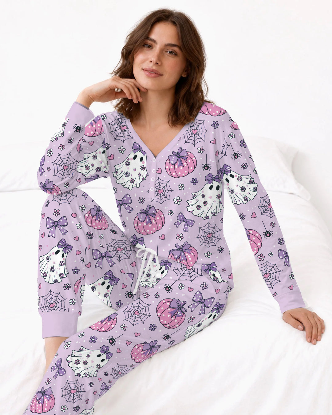 Purple Bow Ghost Halloween Bamboo Women Pajama Set