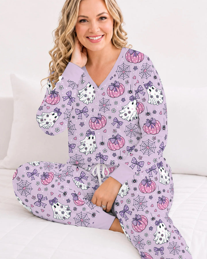 Purple Bow Ghost Halloween Bamboo Women Pajama Set