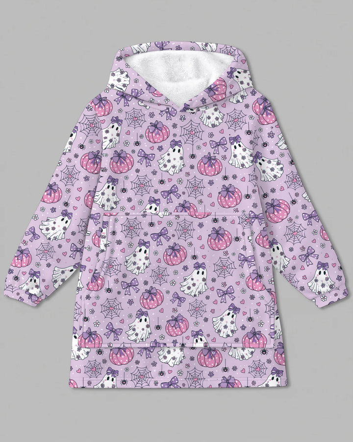Purple Bow Ghost Halloween Bamboo Blanket Hoodie