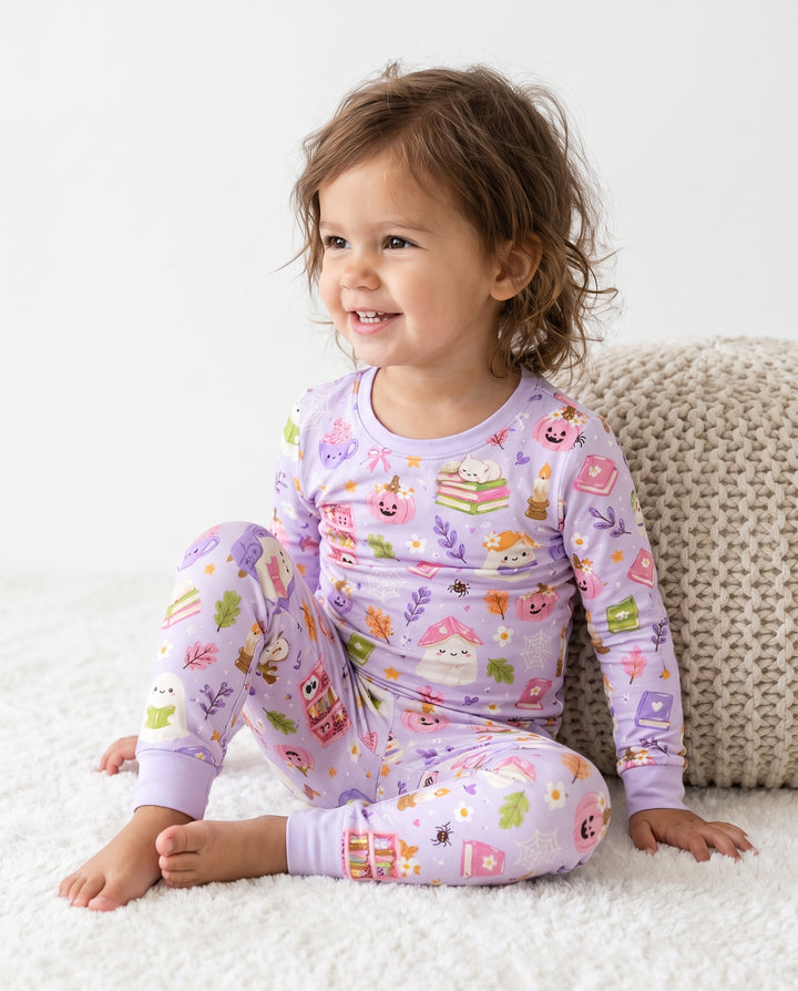 Cozy Ghost Reading Halloween Bamboo Two Piece Long Sleeve Pajama Set