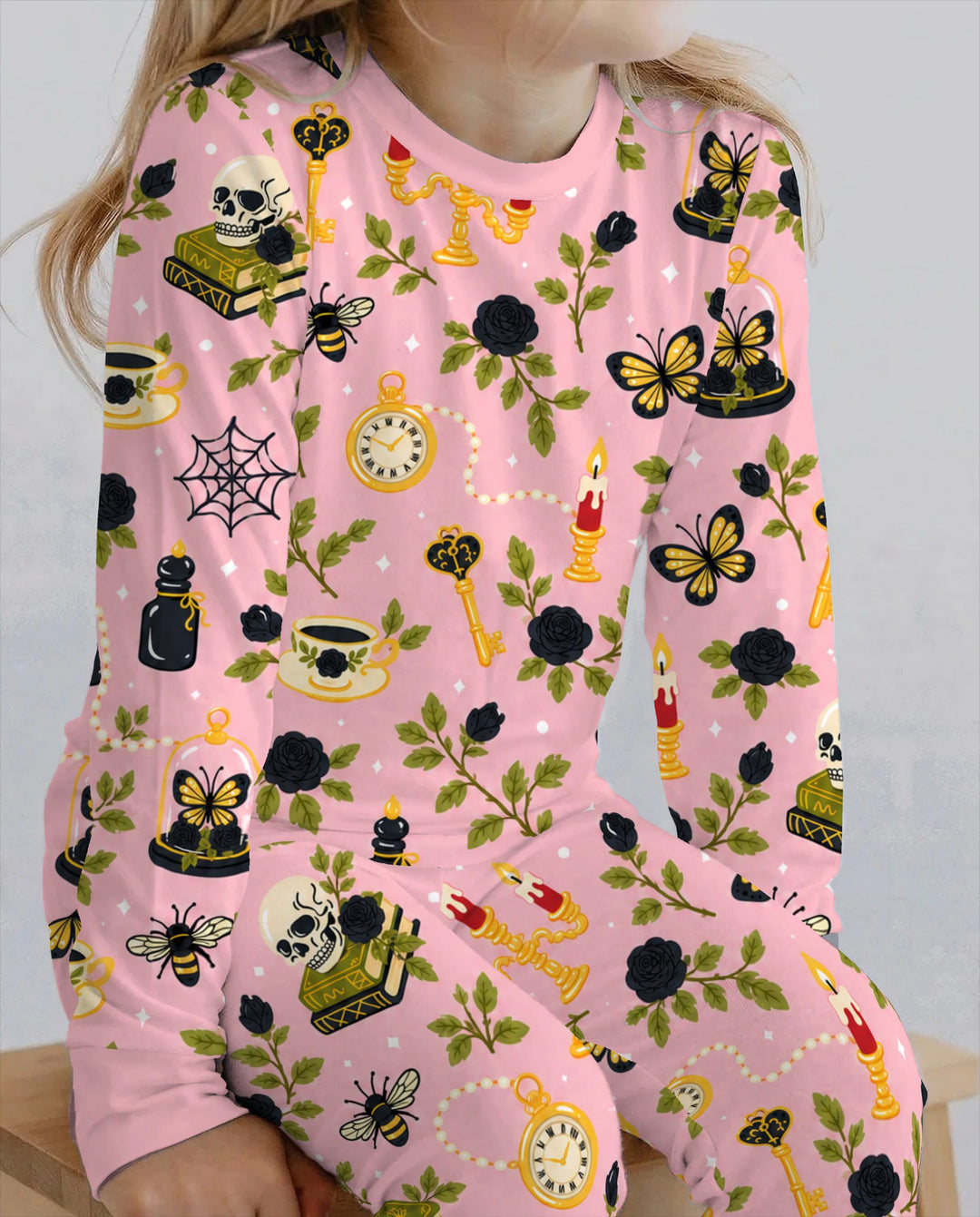 Gothic Black Rose Halloween Bamboo Two Piece Long Sleeve Pajama Set