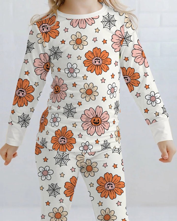 Pumpkin Daisy Halloween Garden Bamboo Two Piece Long Sleeve Pajama Set