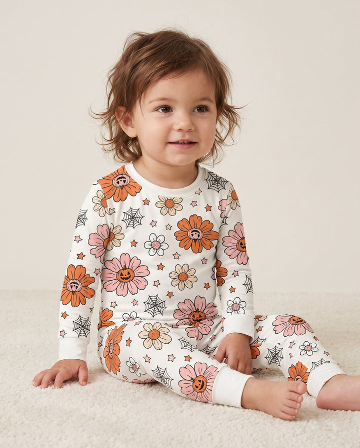 Pumpkin Daisy Halloween Garden Bamboo Two Piece Long Sleeve Pajama Set