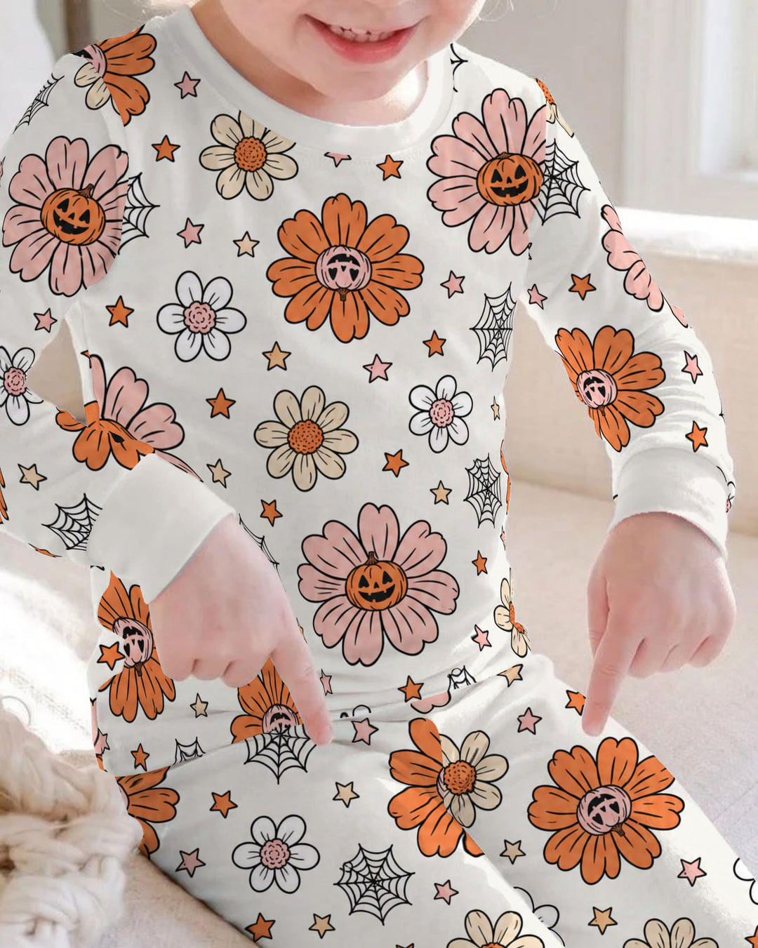 Pumpkin Daisy Halloween Garden Bamboo Two Piece Long Sleeve Pajama Set