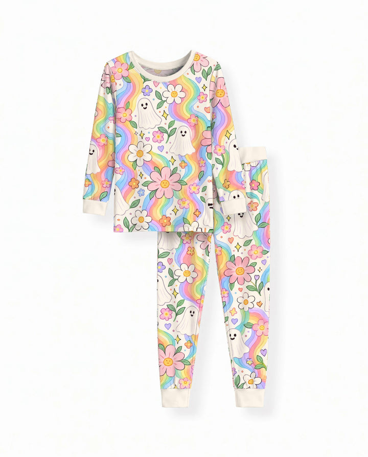 Pastel Rainbow Ghost Garden Bamboo Two Piece Long Sleeve Pajama Set