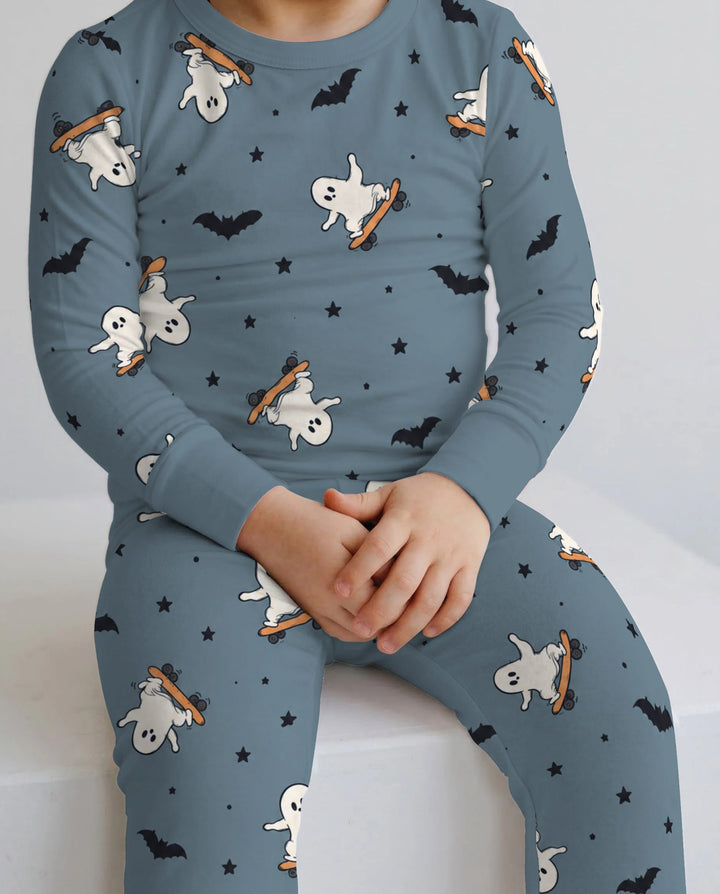 Skater Ghost Halloween Night Bamboo Two Piece Long Sleeve Pajama Set