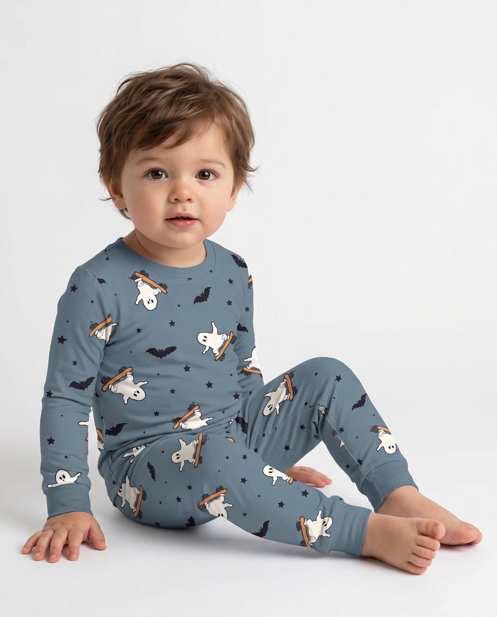 Skater Ghost Halloween Night Bamboo Two Piece Long Sleeve Pajama Set