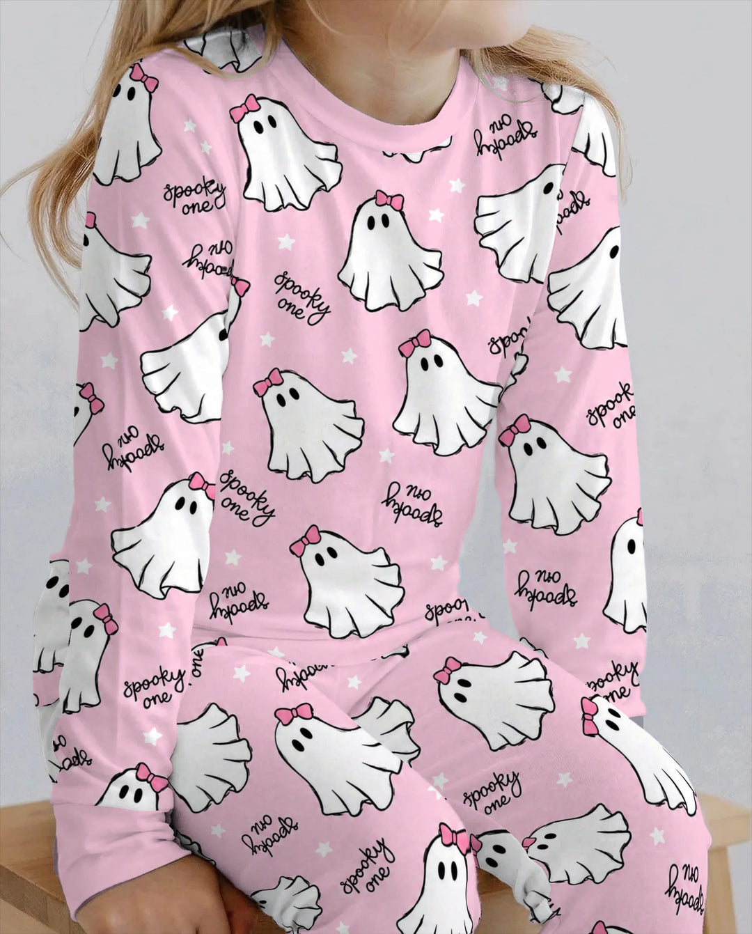 Pink Bow Spooky Ghosts Bamboo Two Piece Long Sleeve Pajama Set