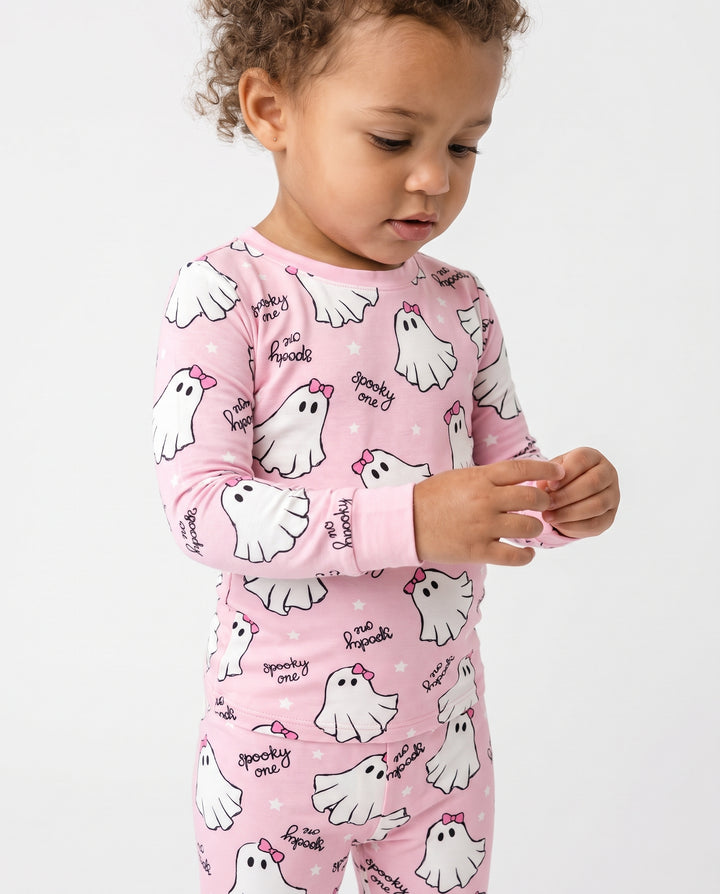 Pink Bow Spooky Ghosts Bamboo Two Piece Long Sleeve Pajama Set