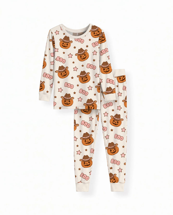 Pink Western Pumpkin Halloween Bamboo Two Piece Long Sleeve Pajama Set