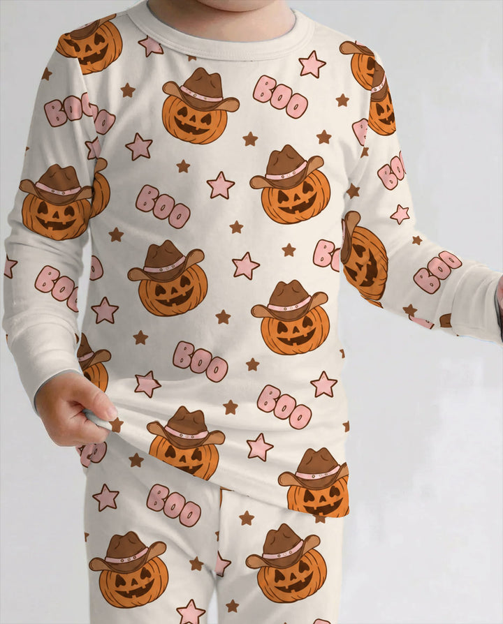 Pink Western Pumpkin Halloween Bamboo Two Piece Long Sleeve Pajama Set