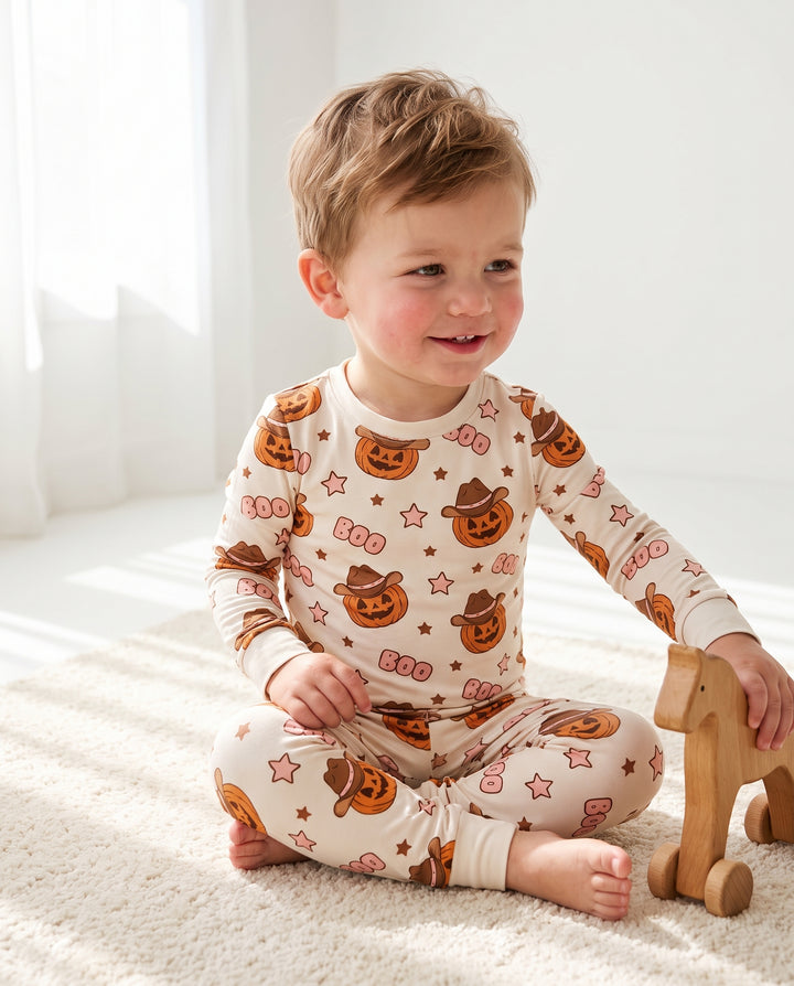 Pink Western Pumpkin Halloween Bamboo Two Piece Long Sleeve Pajama Set