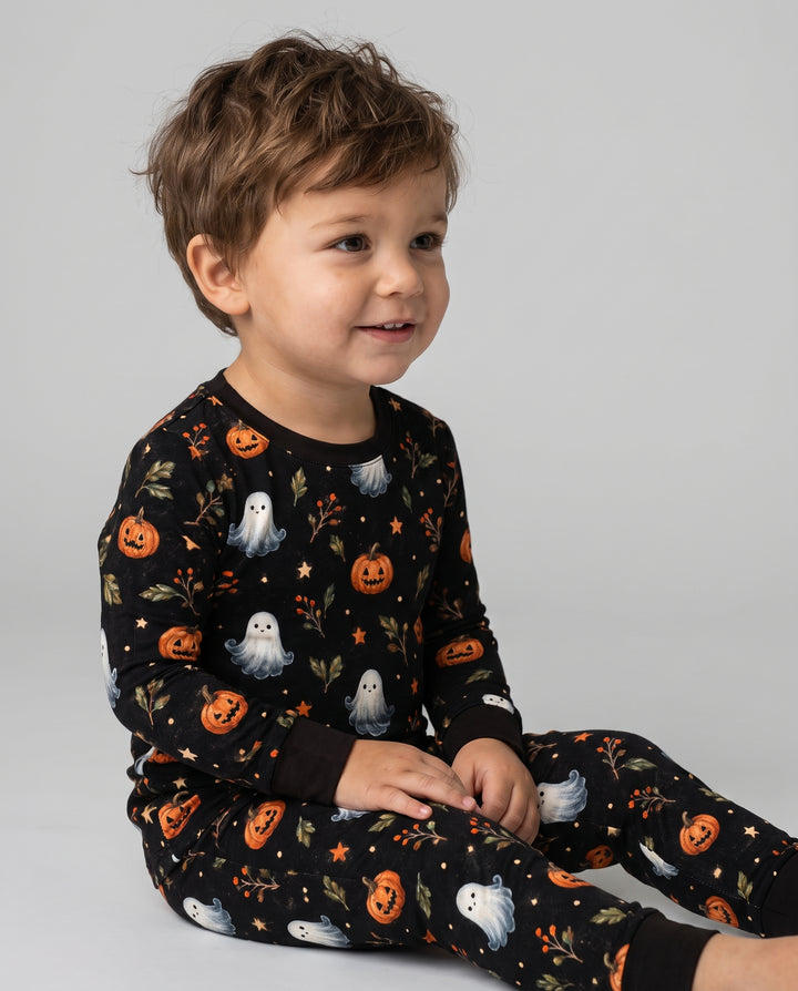 Vintage Ghost Pumpkin Botanicals Bamboo Two Piece Long Sleeve Pajama Set
