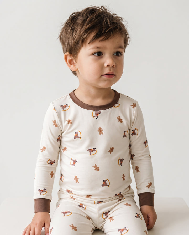 Gingerbread Rocking Horse Christmas Bamboo Two Piece Long Sleeve Pajama Set