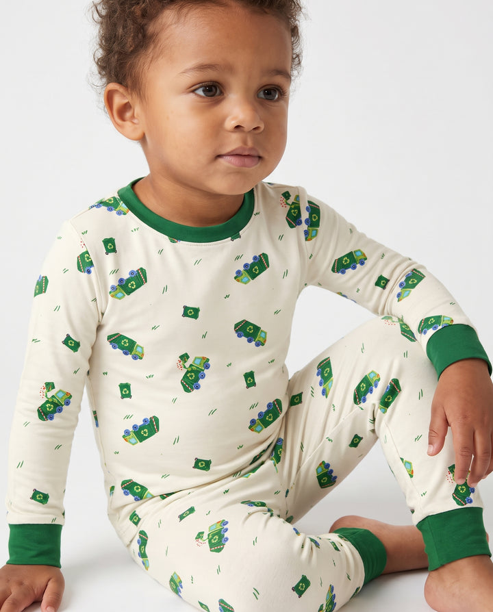 Little Green Recycling Trucks Bamboo Two Piece Long Sleeve Pajama Set