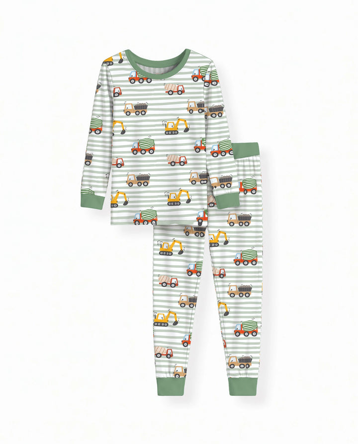 Busy Construction Truck Stripes Bamboo Two Piece Long Sleeve Pajama Set