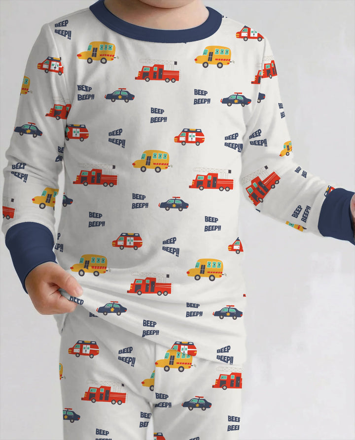 Emergency Vehicles Beep Beep Bamboo Two Piece Long Sleeve Pajama Set